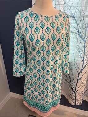 Cabana Life Teal Patterned Shift Dress - White & Teal
